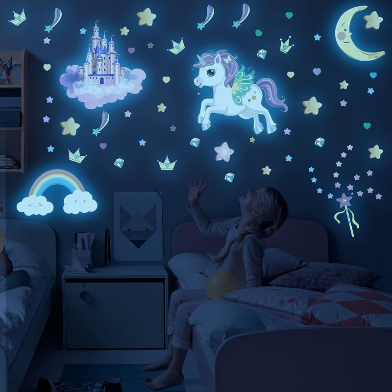 Robmoda Glow in The Dark Stars and Unicorn Wall Decals, Glowing Castle Moon and Rainbow Stickers, 174 pcs Luminous Ceiling Decor for Kids Bedroom, Decoration for Girls and Boys Room (Blue) - Image 3